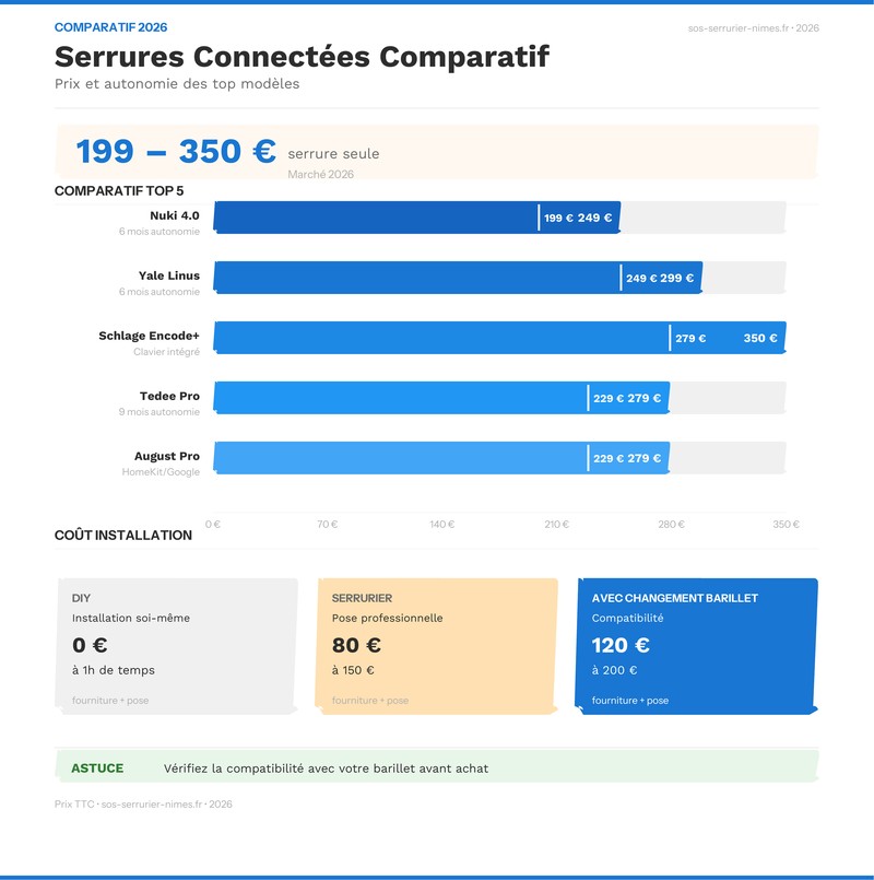 Infographie : Comparatif serrures connectées top 5 - prix, fonctionnalités et note 2026