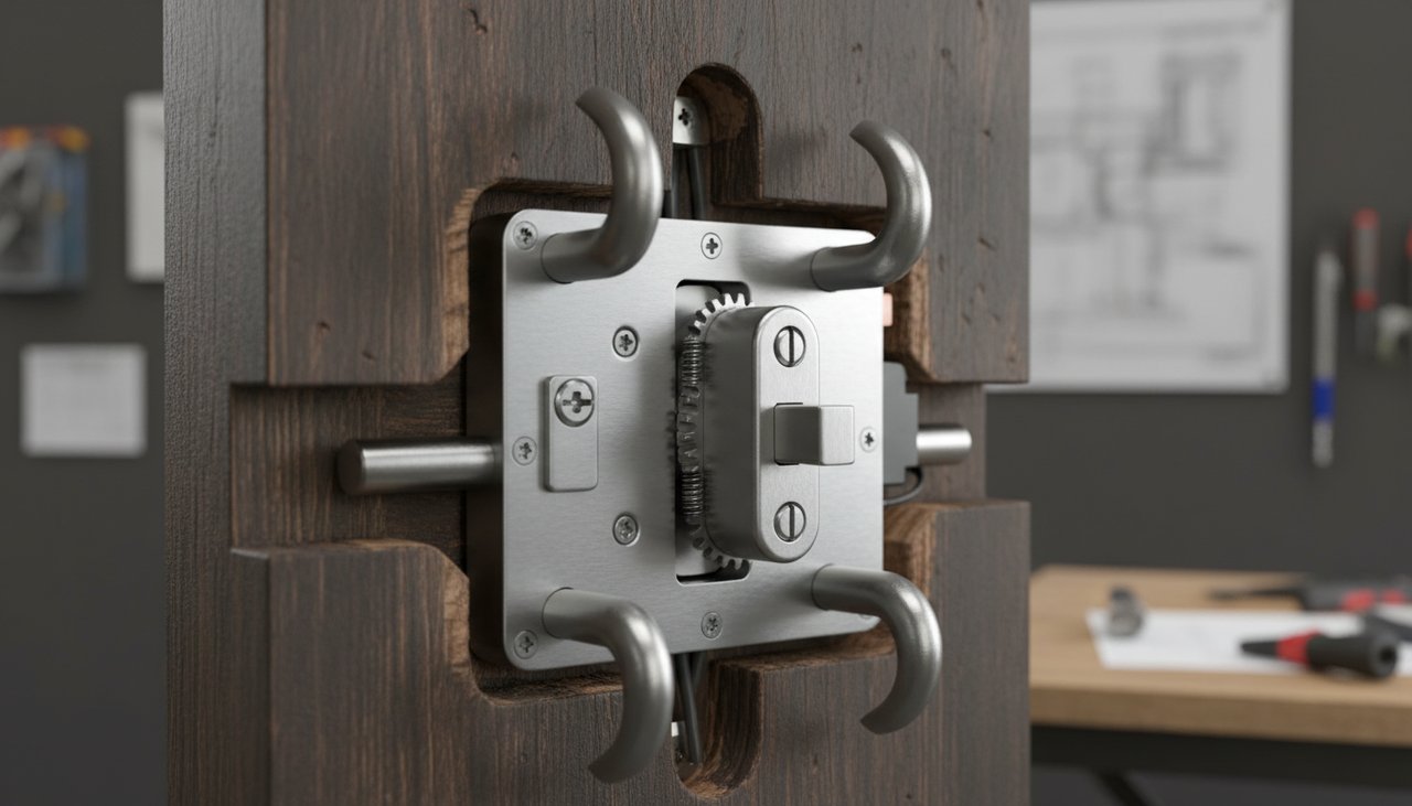Détail mécanisme serrure encastrée 3 points avec gâches