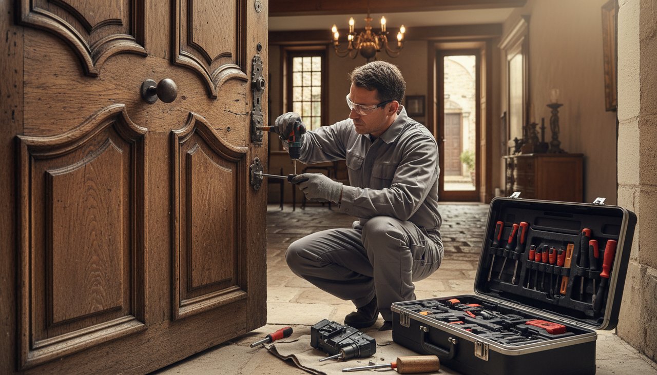 Serrurier installant une serrure 3 points dans une porte d'entrée bois