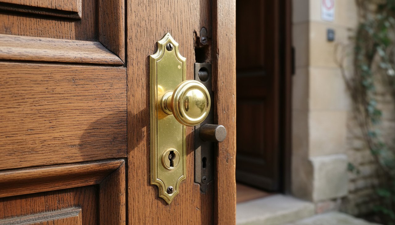 Serrure encastrée installée dans une porte d'entrée en bois massif