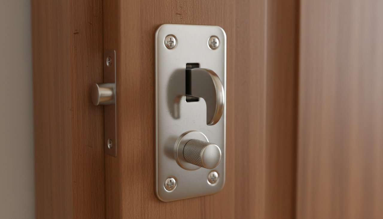 Détail d'une serrure à crochet encastrée dans le chant d'une porte coulissante en bois