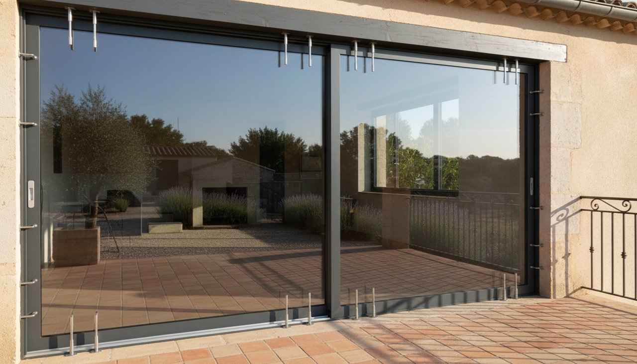 Baie vitrée coulissante avec serrure multipoints et dispositif anti-soulèvement visible