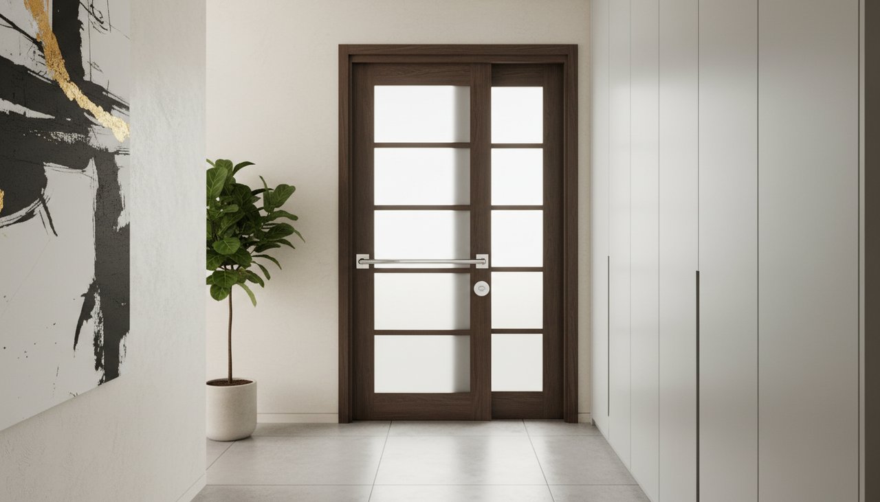 Porte coulissante en bois avec serrure à crochet encastrée dans un couloir moderne