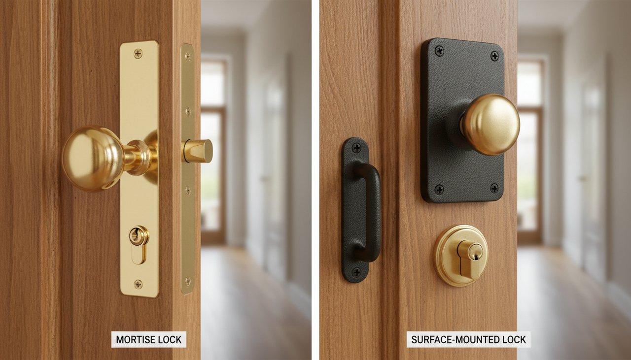 Comparaison serrure encastrée et serrure en applique sur une porte intérieure en bois