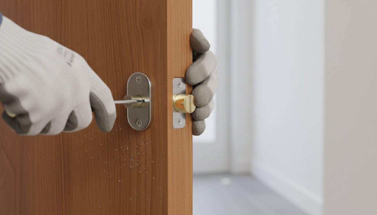 Serrurier posant une serrure dans une porte intérieure, vissage du mécanisme, outil en main