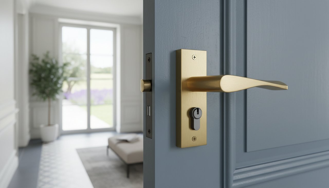 Serrure encastrée dans une porte intérieure moderne, poignée design et mécanisme de condamnation