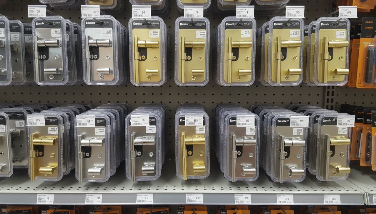 Plusieurs modeles de targettes alignes sur une etagere : laiton chrome inox finitions