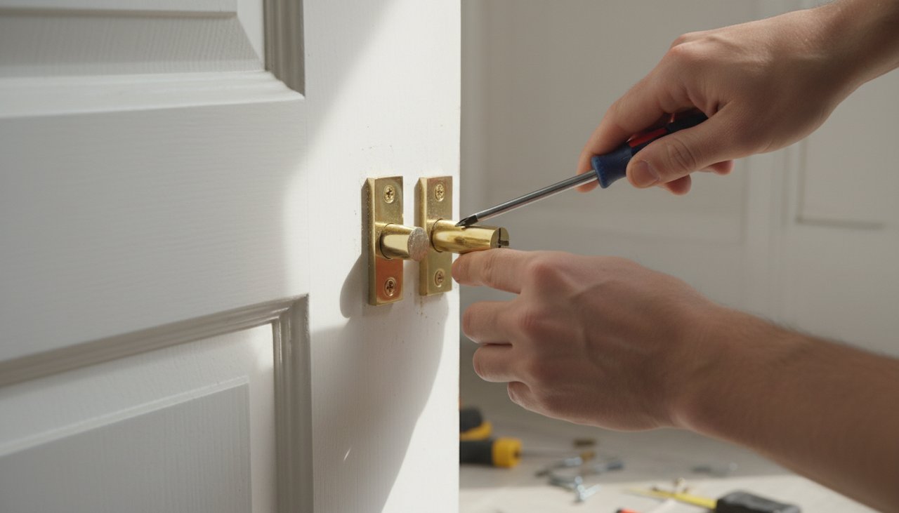 Pose d'une targette sur porte avec tournevis et vis dans le bois