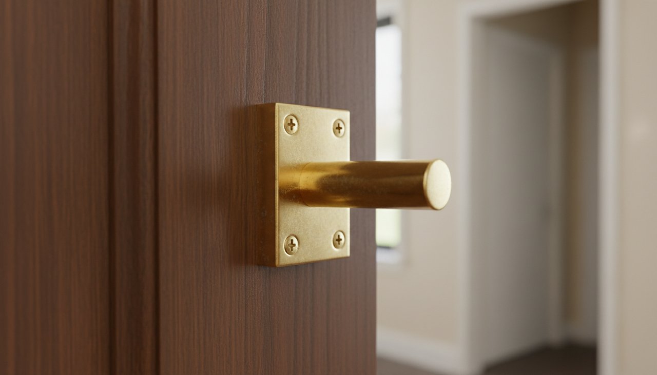 Targette de porte en laiton dore avec mecanisme verrou simple sur porte interieure