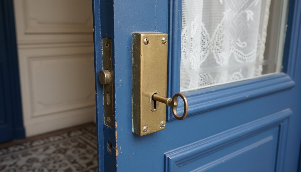 Verrou rim en applique pose sur l interieur d une porte d entree dans un appartement