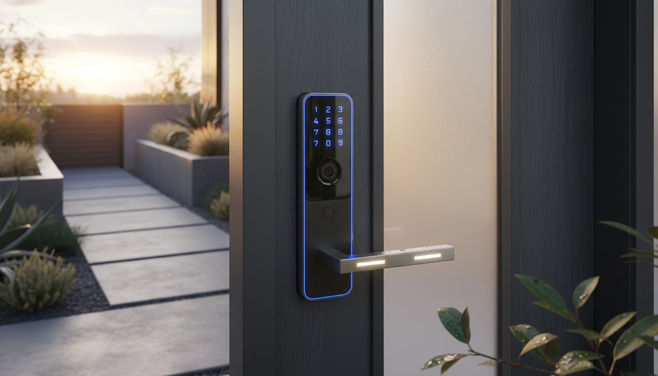 Verrou electronique connecte avec clavier numerique installe sur une porte d entree moderne