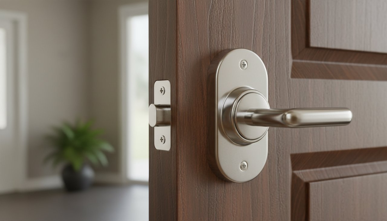 Verrou de porte en applique chrome installe sur une porte d entree en bois pleine