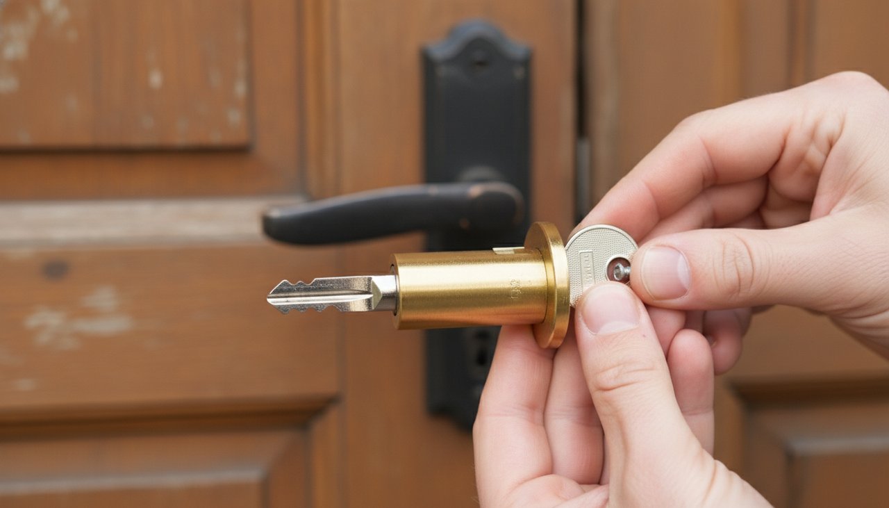 Mains tenant un nouveau cylindre de serrure européen et la vis de fixation devant une porte d'entrée bois