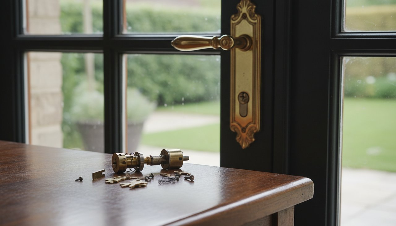 Cylindre de serrure démonté à côté d'une serrure de porte d'entrée