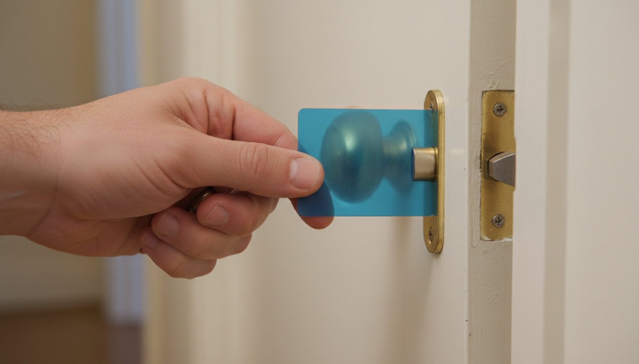 Insertion d'une carte plastique rigide dans le chambranle d'une porte d'appartement pour atteindre le pêne demi-tour
