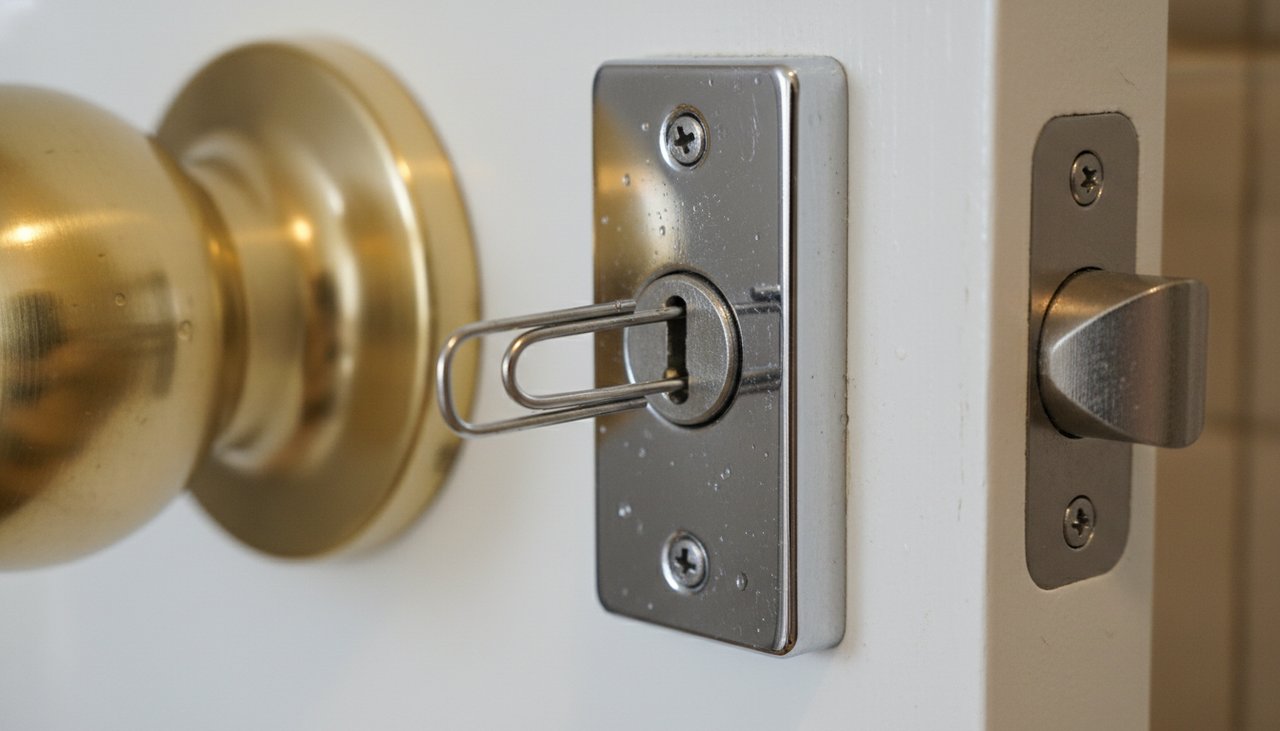 Trombone métallique tordu en forme de crochet utilisé pour ouvrir une serrure de porte de salle de bain ou de chambre