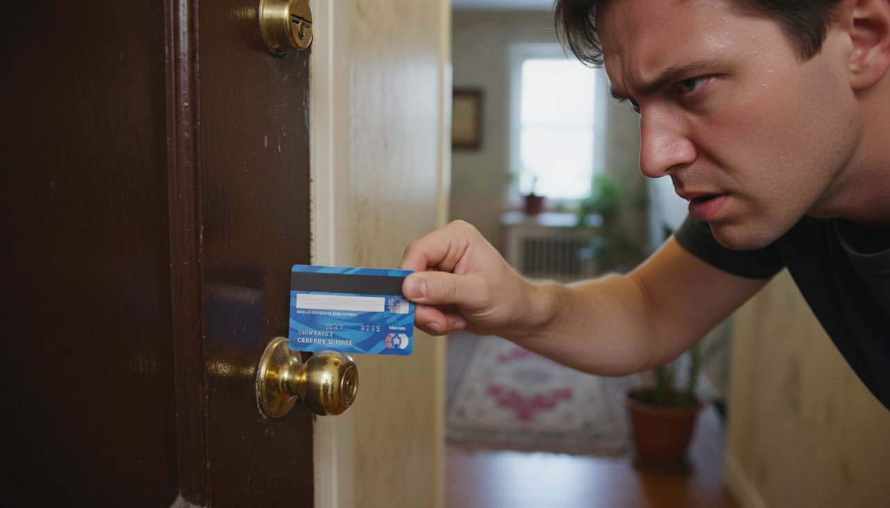 Personne tentant d'ouvrir une porte d'entrée d'appartement claquée avec une carte de fidélité plastique en plein effort