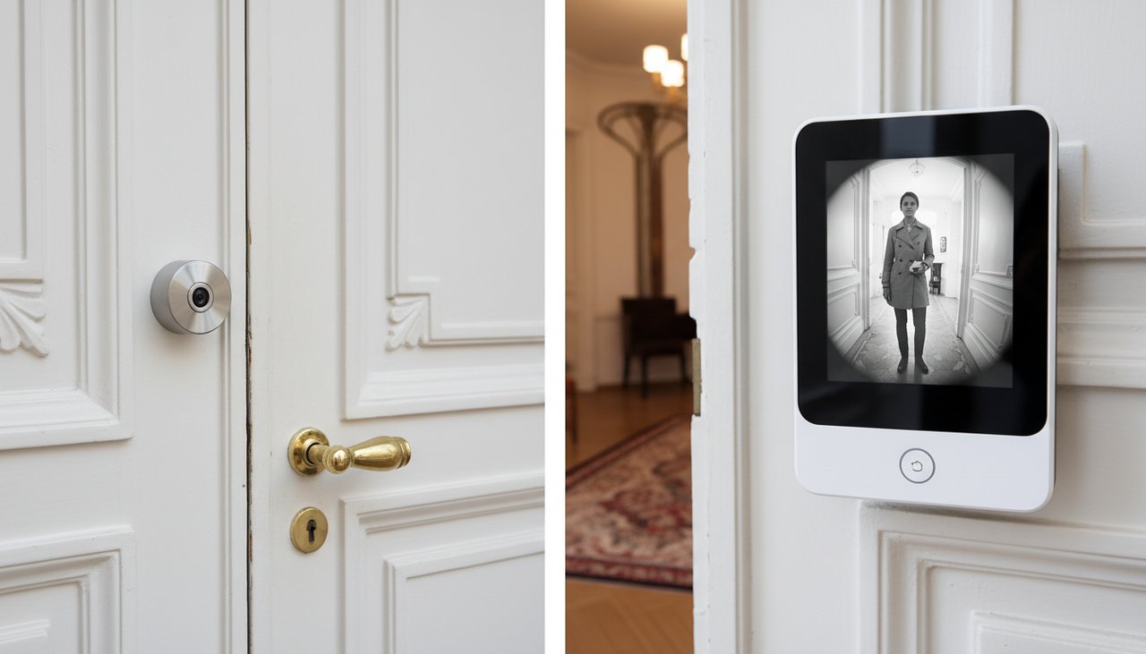 Judas de porte numérique avec écran LCD intérieur monté sur une porte d'entrée