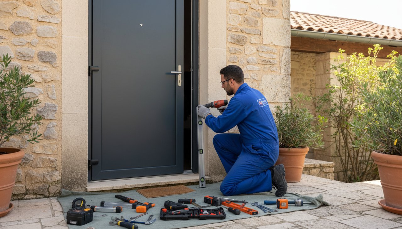 Artisan serrurier certifie A2P installant une porte blindee dans une maison a Nimes