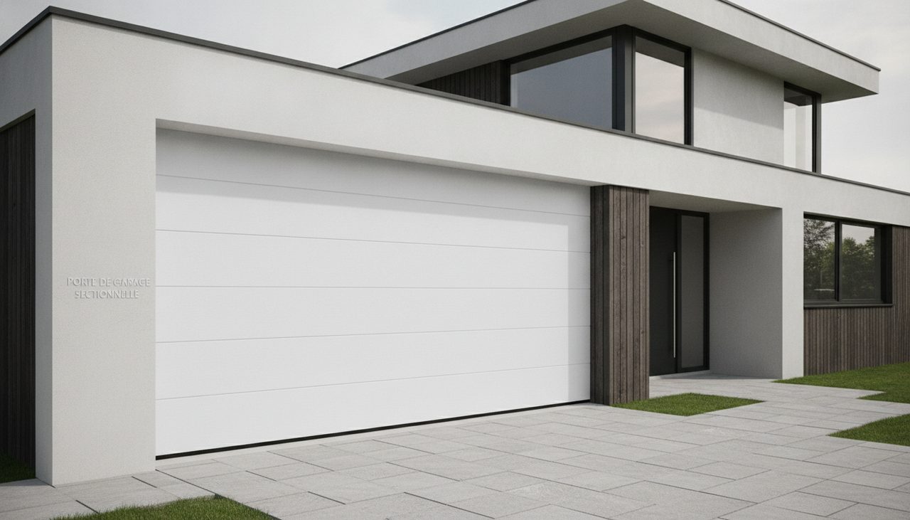 Porte de garage sectionnelle blanche en kit de magasin de bricolage installée sur une maison
