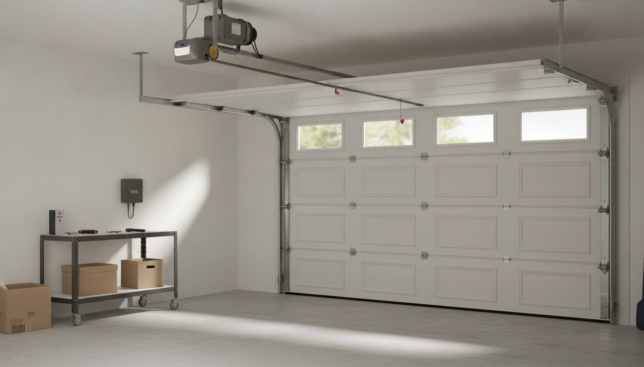Kit de motorisation pour porte de garage sectionnelle avec moteur et rail au plafond