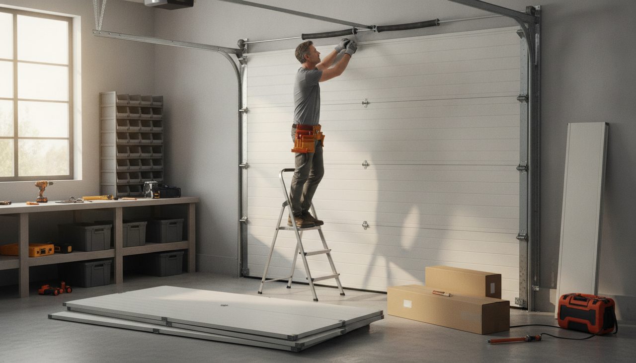 Bricoleur installant lui-même une porte de garage sectionnelle en kit dans son garage