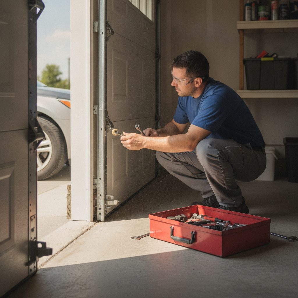 Technicien diagnostiquant un problème de porte de garage sectionnelle motorisée : rails et galets