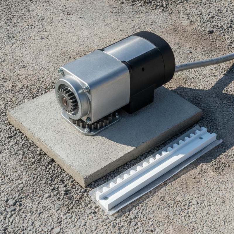 moteur pour portail coulissant CAME installé sur rail avec crémaillère nylon au sol