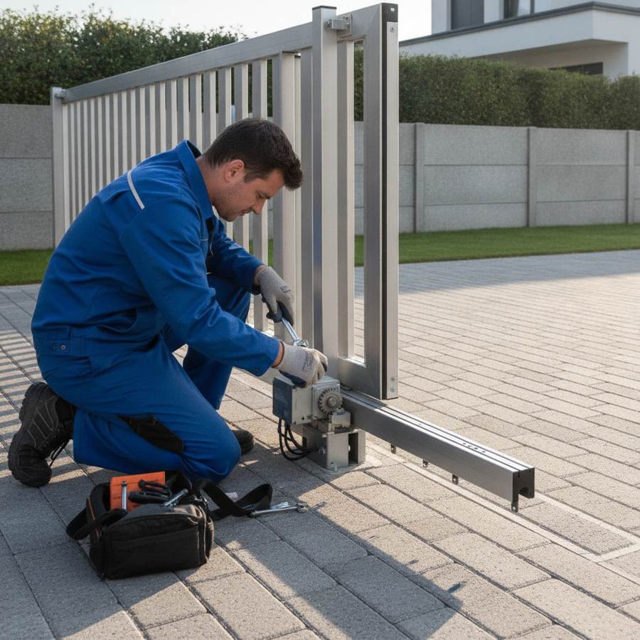 technicien en train d'installer un moteur électrique pour portail coulissant avec crémaillère au sol