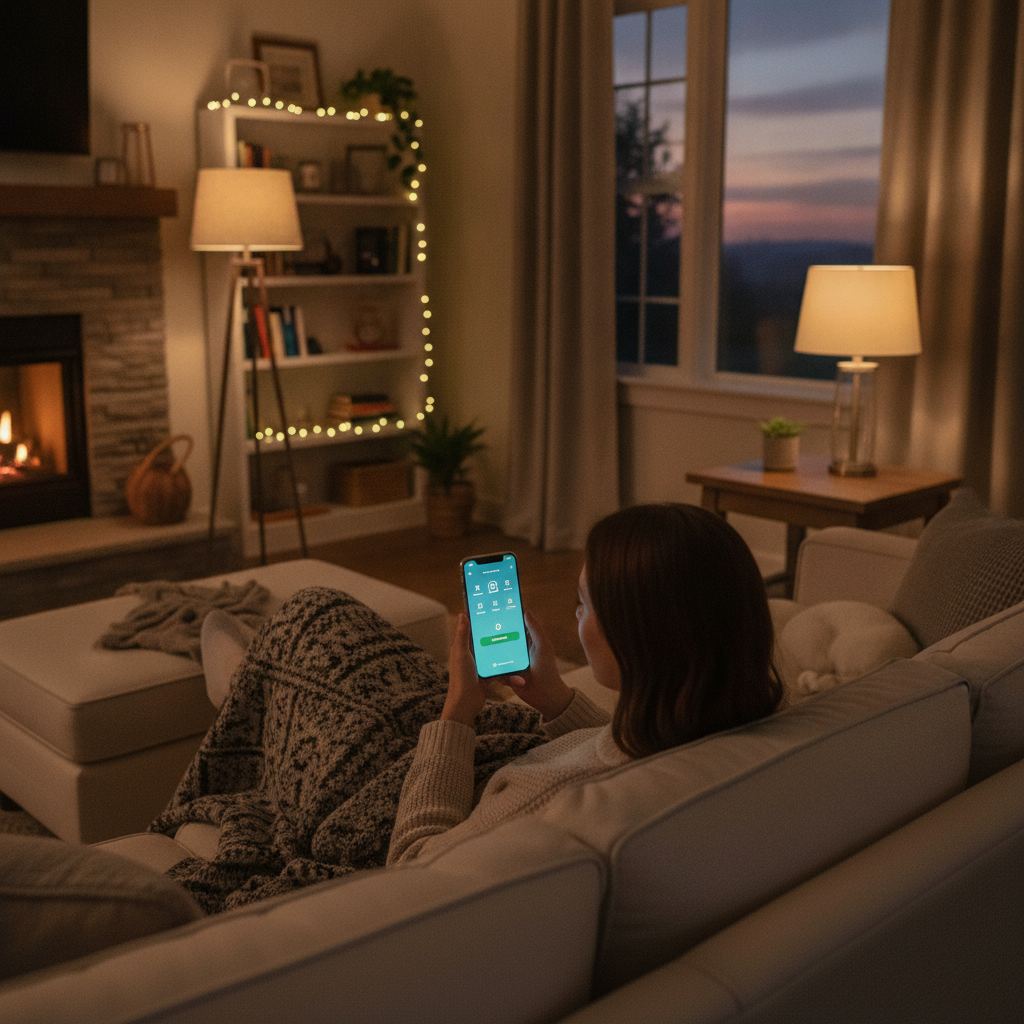 contrôle de l'alarme maison via une application mobile dans le salon