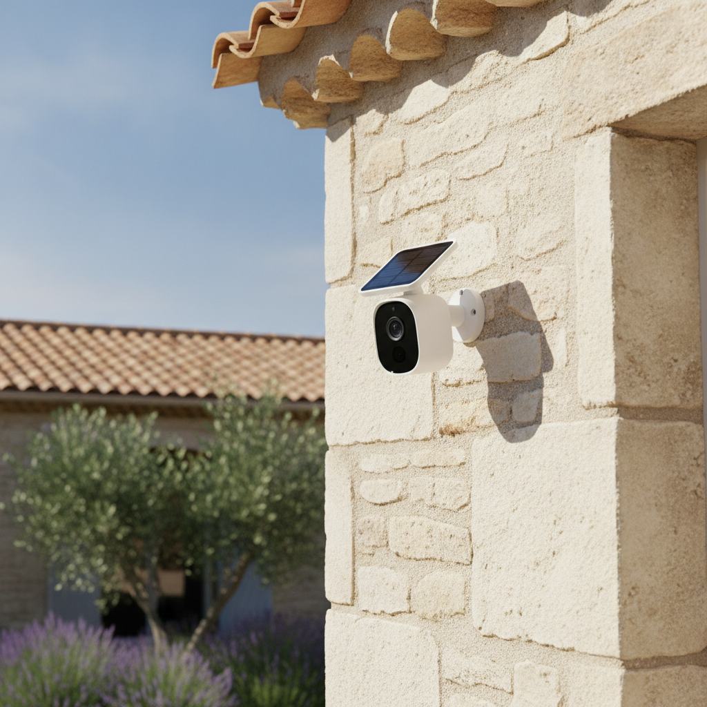 caméra surveillance extérieur sans fil autonome avec panneau solaire sur façade de maison