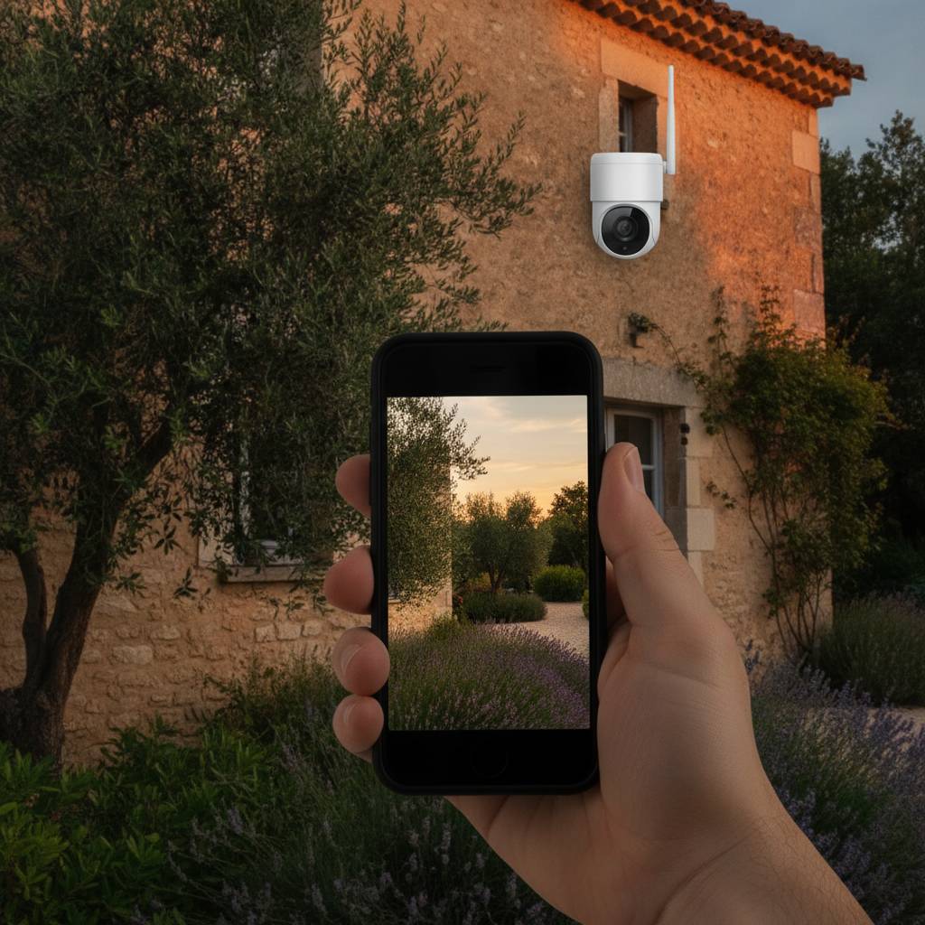 contrôle à distance d'une caméra surveillance extérieur sans fil autonome depuis un smartphone