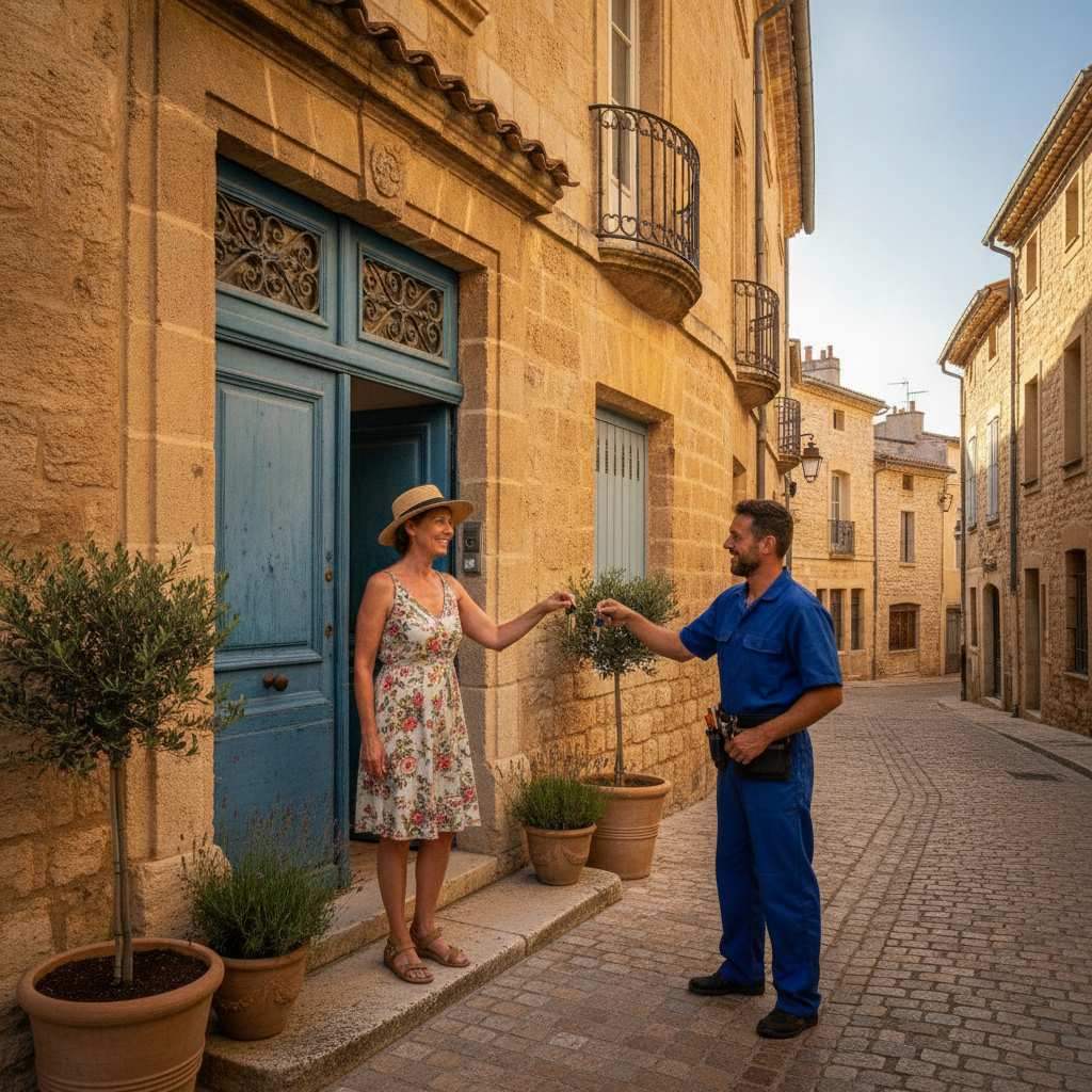 Serrurier remettant un double de clé à une cliente devant sa porte dans le centre ancien de Nîmes