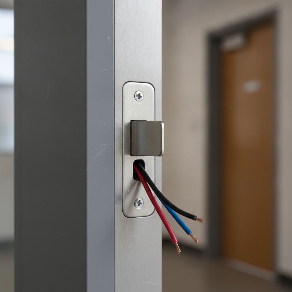 gâche électrique installée dans le montant d'une porte