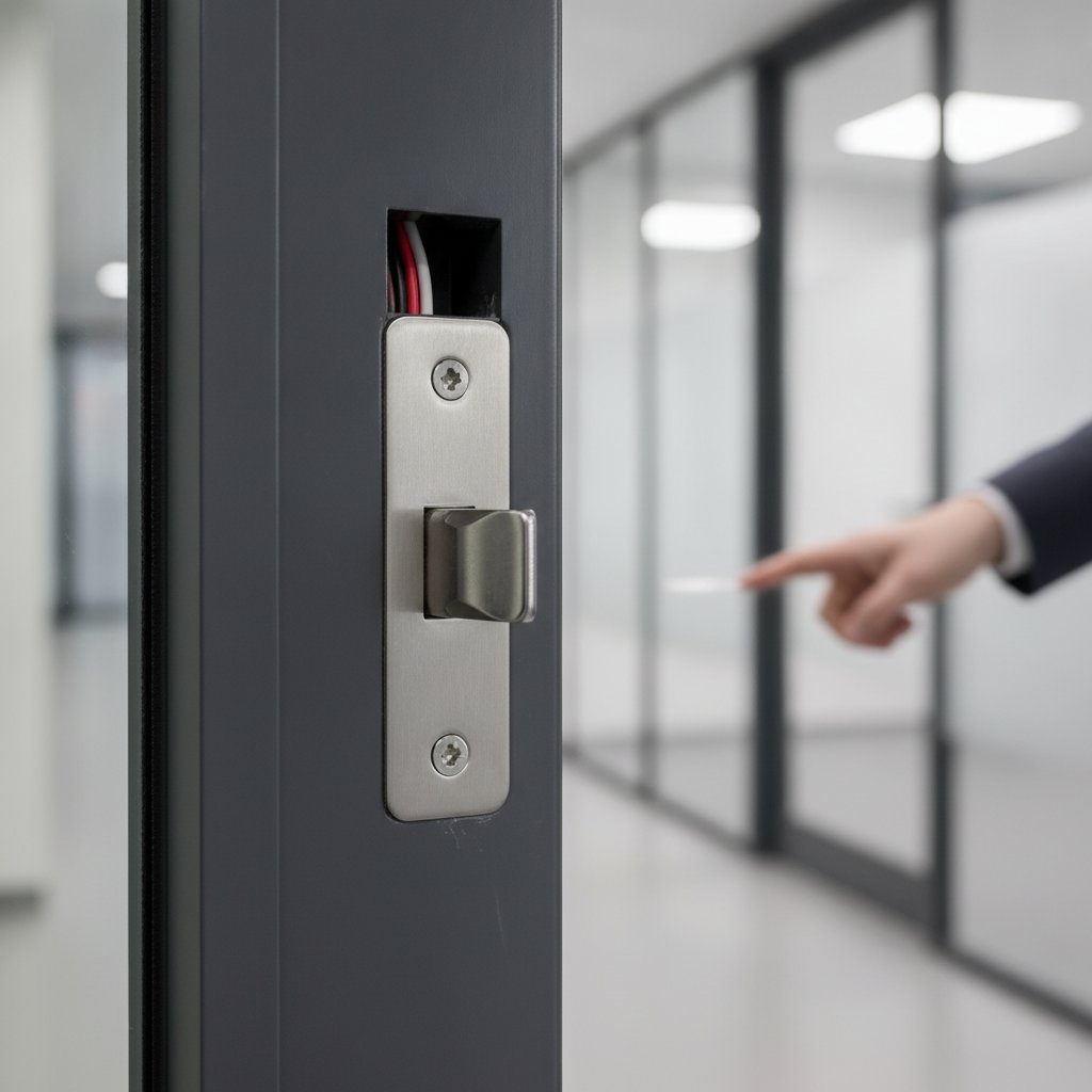 gache electrique installee sur un dormant de porte