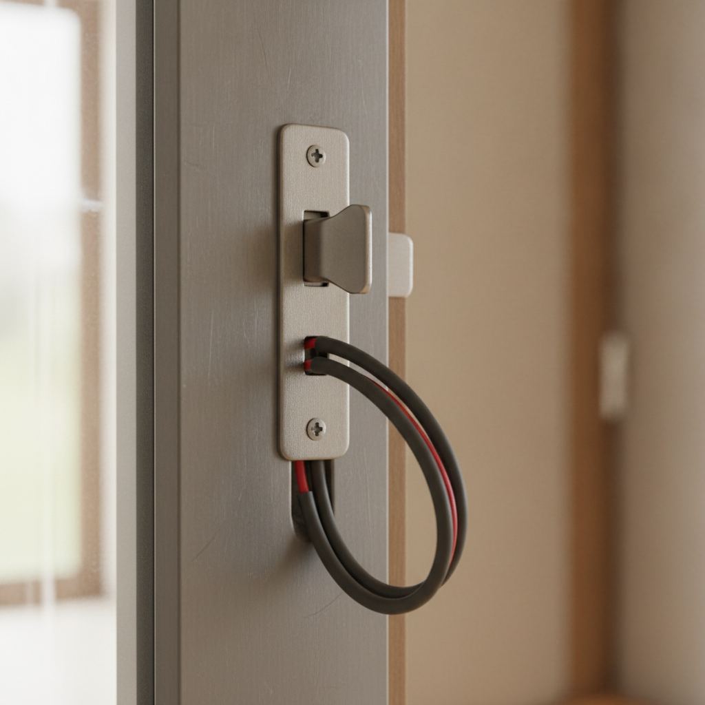 gache electrique installee sur un cadre de porte metallique