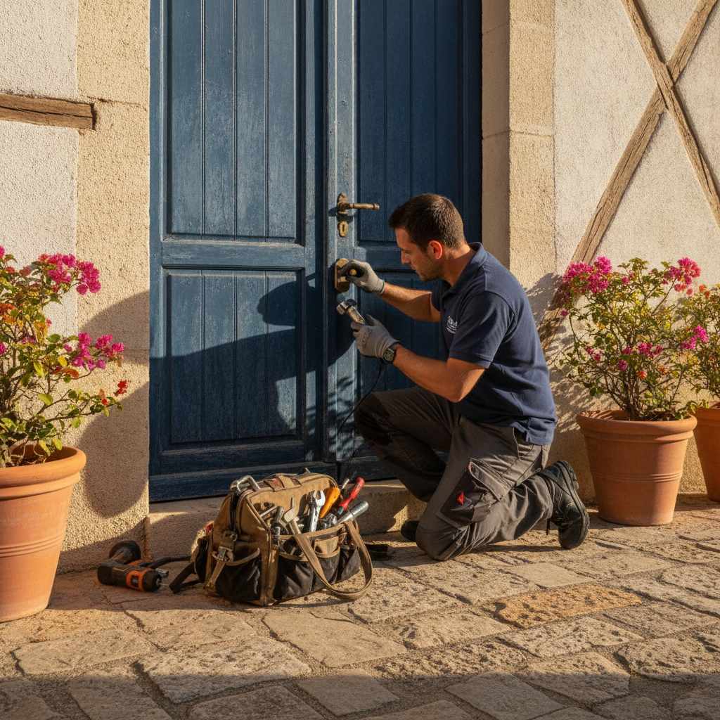 serrurier inspectant une serrure de porte endommagée à Nîmes