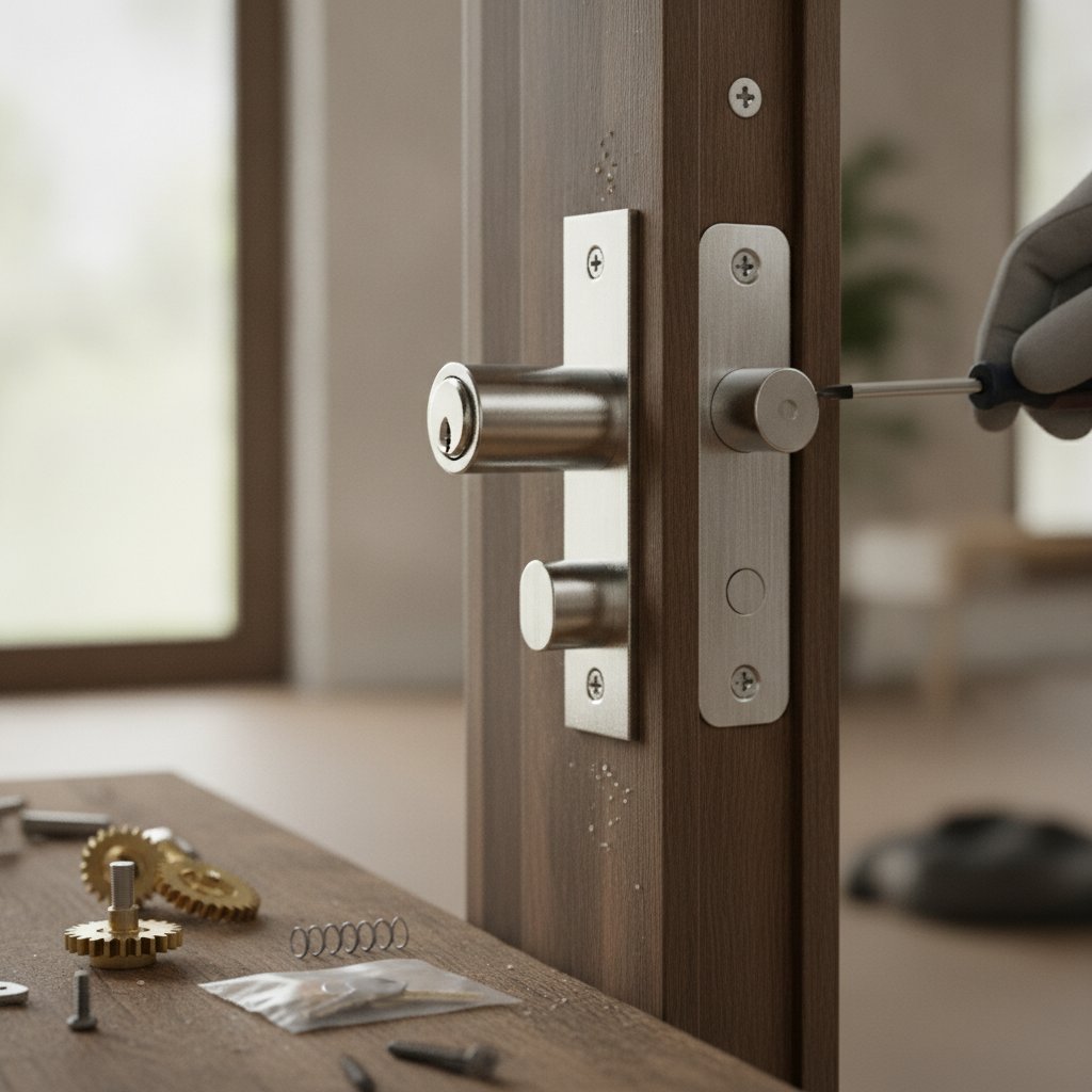 pose d'un nouveau cylindre de serrure haute sécurité sur une porte