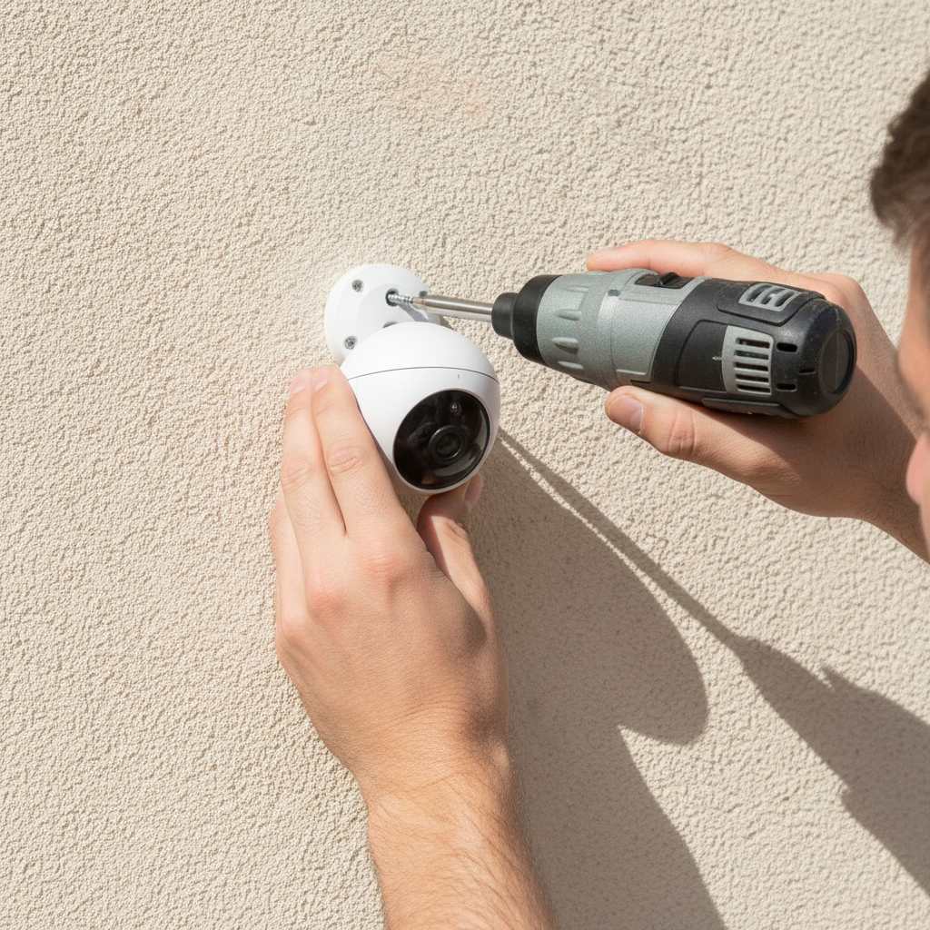 installation d'une caméra de surveillance sans fil autonome sur mur extérieur par un professionnel