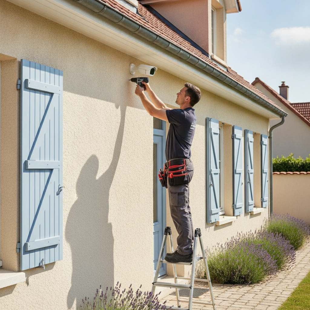 Installation d'une caméra de surveillance extérieur avec enregistrement par un technicien
