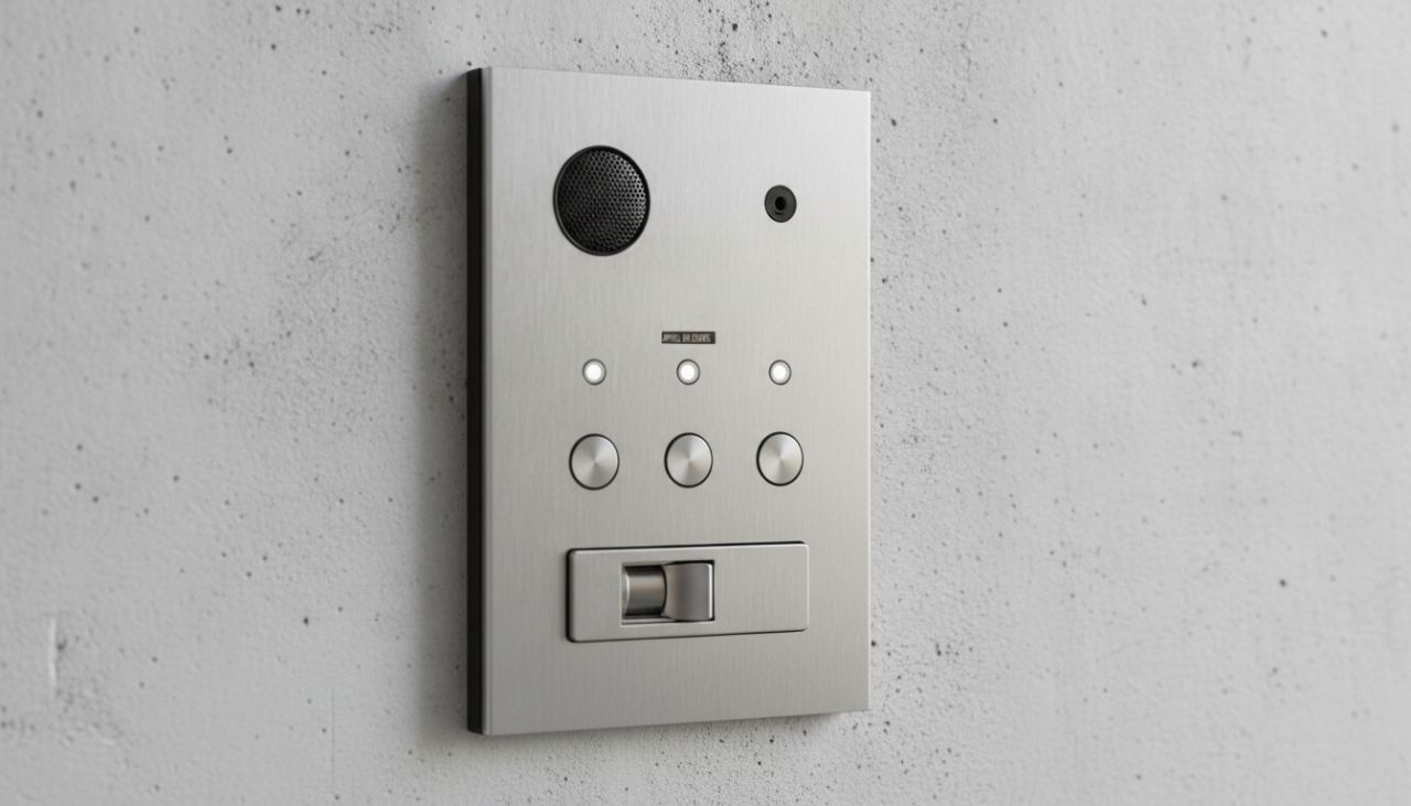 Gros plan sur une platine d'interphone vidéo moderne fixée à l'entrée d'une maison, avec caméra et bouton d'appel, lumière naturelle du jour