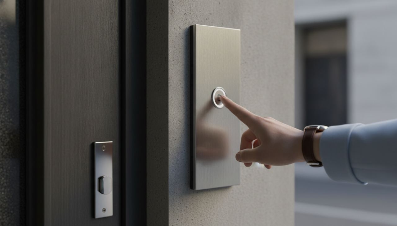 Une personne appuie sur le bouton d'ouverture d'un moniteur vidéo d'interphone mural à l'intérieur d'une maison, écran affichant l'entrée, intérieur lumineux