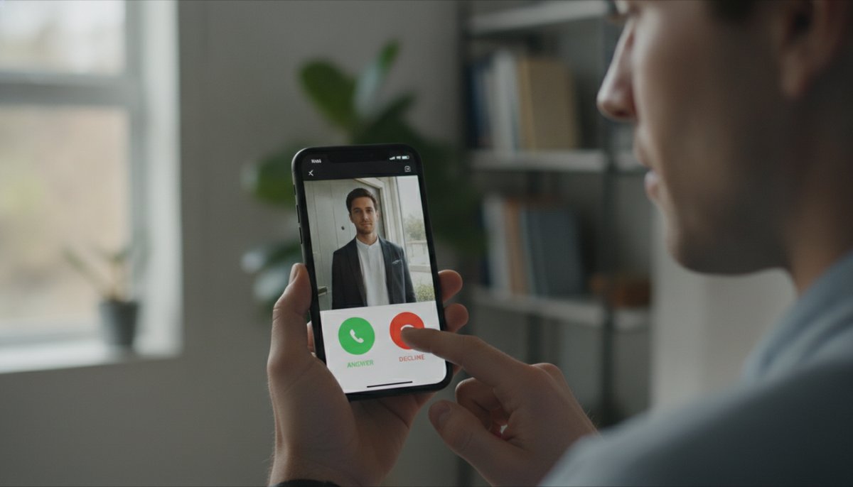 personne utilisant une application smartphone pour repondre a un interphone video