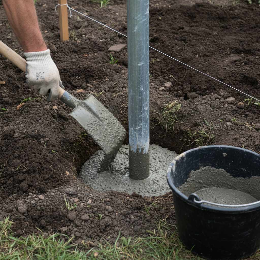 Scellement au beton d'un poteau de cloture rigide
