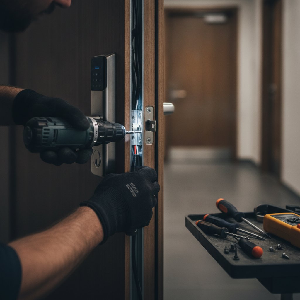 serrurier installant une gache electrique sans fil