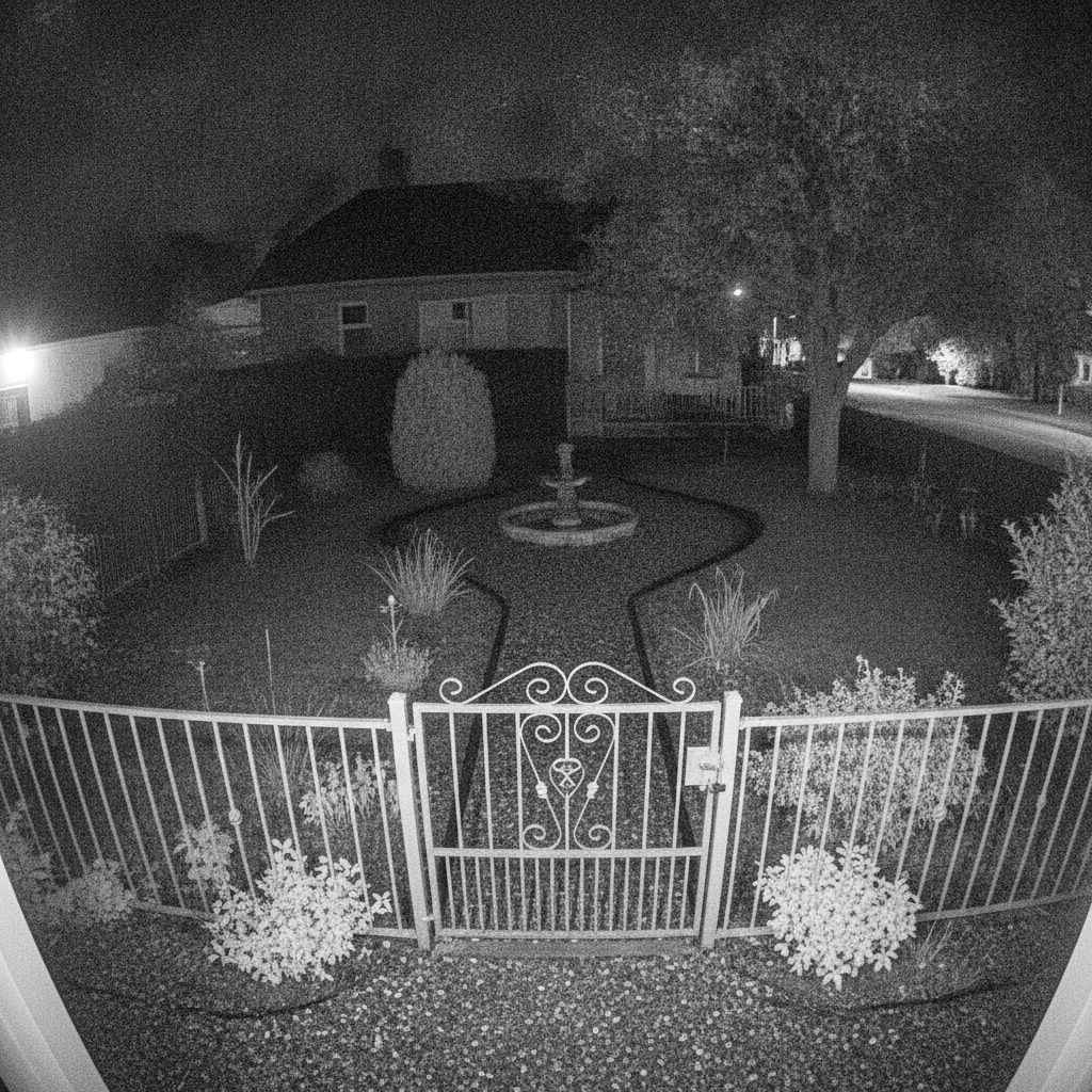 vision nocturne d'une caméra surveillance extérieur sans fil autonome sur jardin et portail