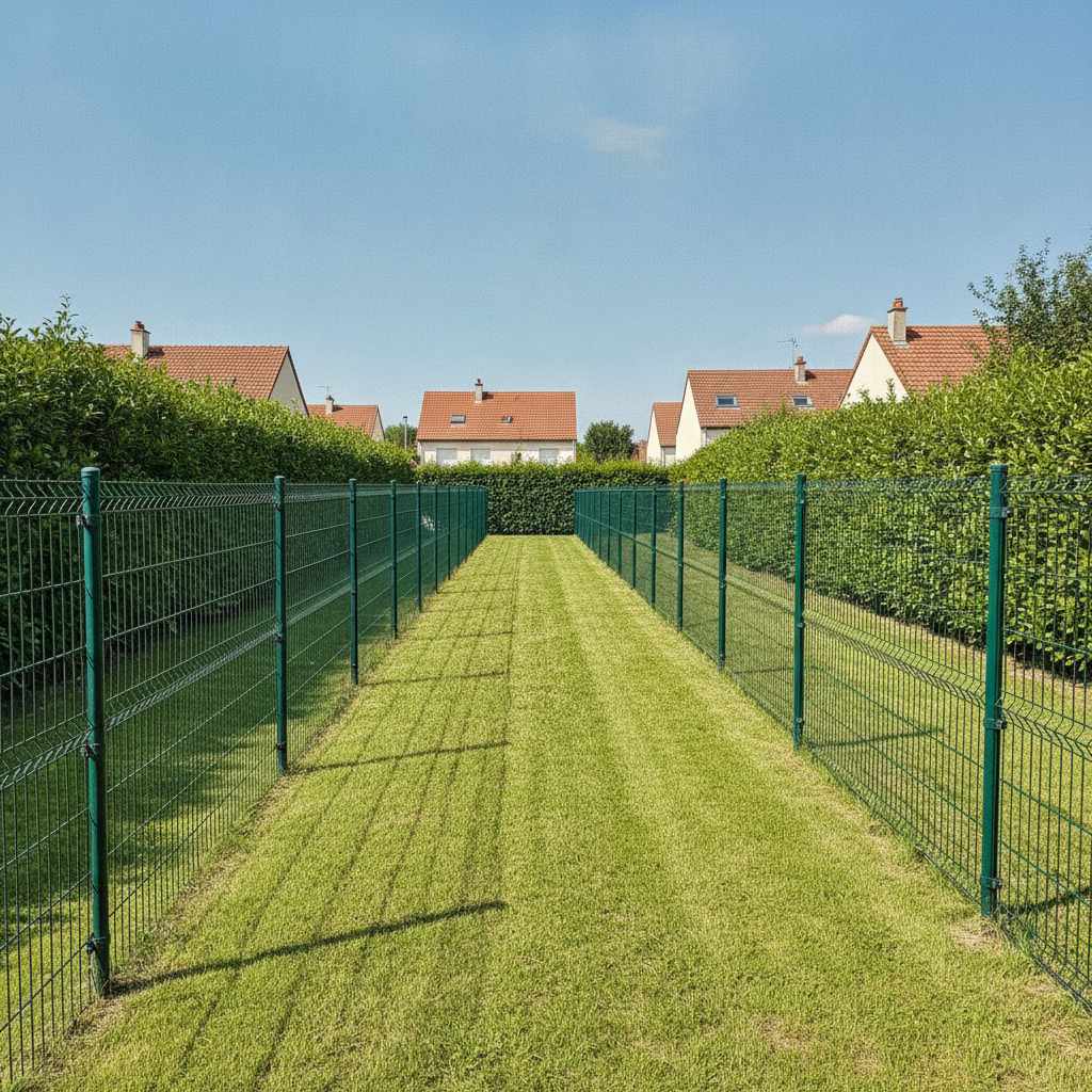 Cloture rigide posee en limite separative entre deux jardins pavillonnaires