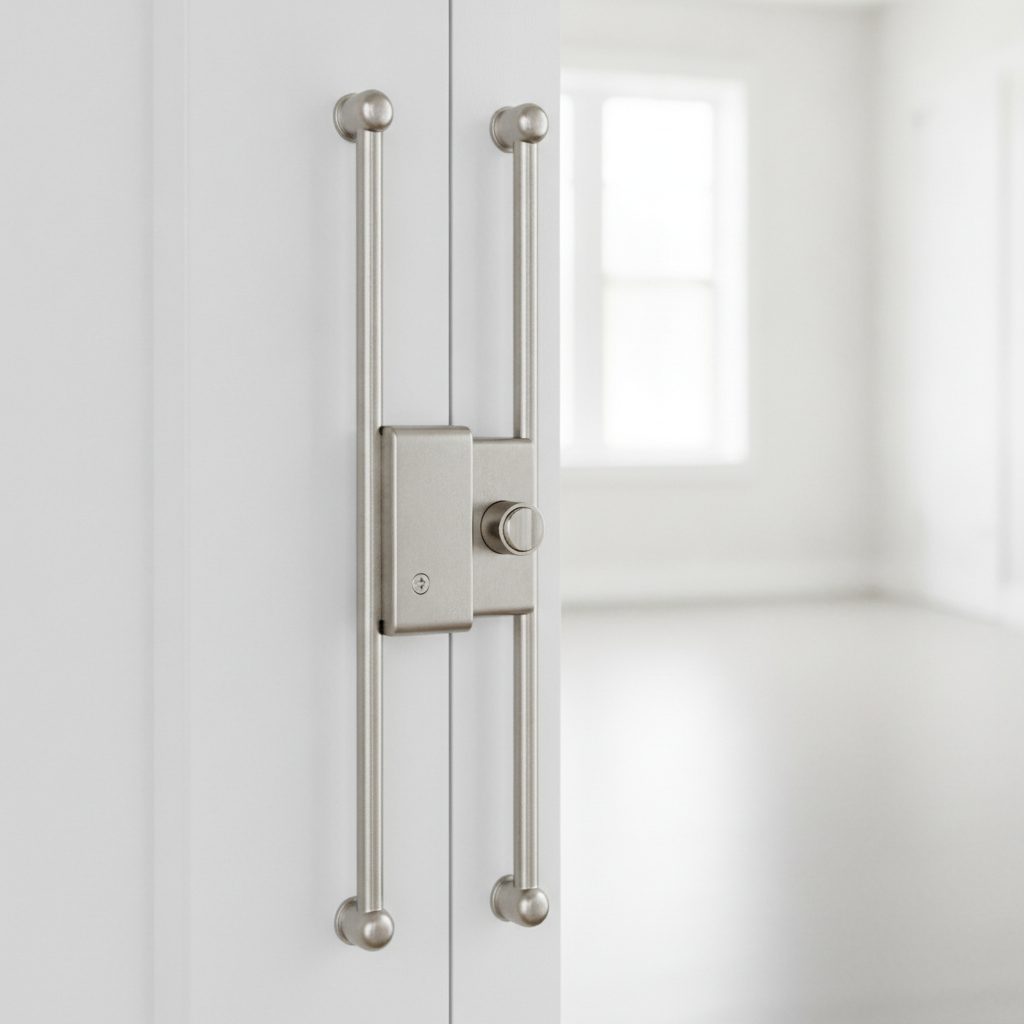 Mécanisme de serrure 3 points avec tringles installé sur une porte d'entrée