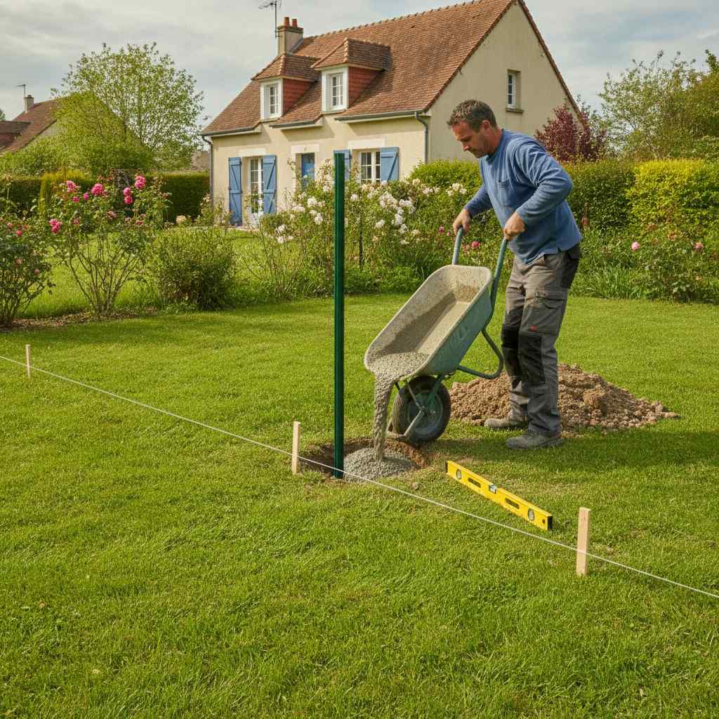 Scellement d'un poteau de cloture rigide au beton le long du cordeau
