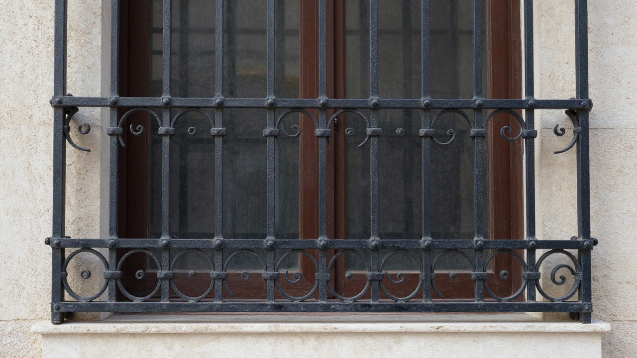 Close-up of an ornate wrought iron window security grille freshly mounted on a stone facade in daylight